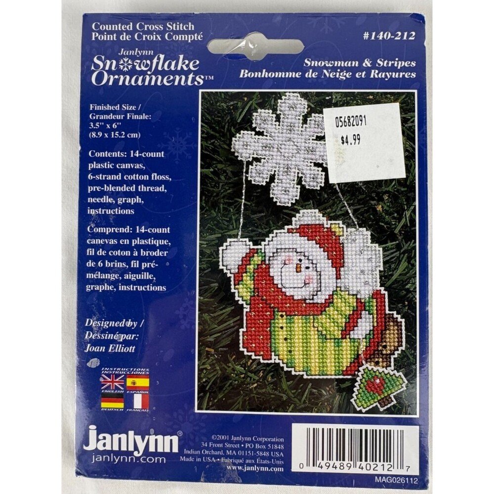 Janlynn Snowman & Stripes Ornament Cross Stitch Kit 140-212 Joan Elliott 2001